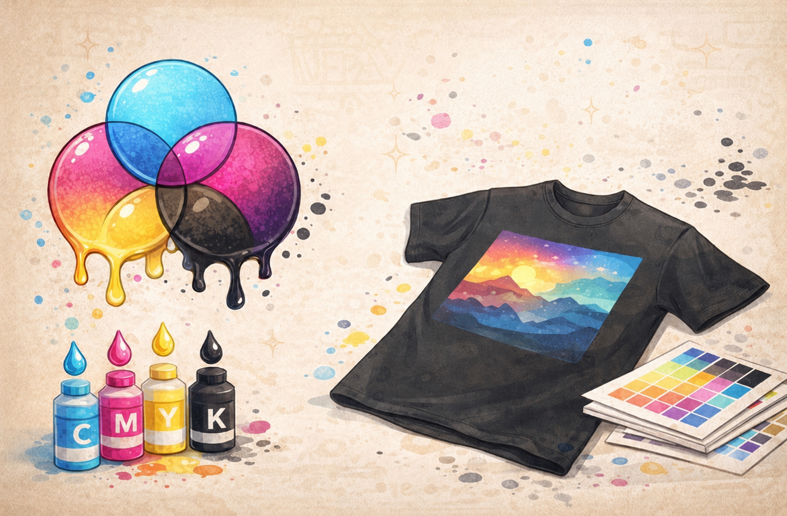CMYKのインクを重ねてTシャツへプリントするイメージ