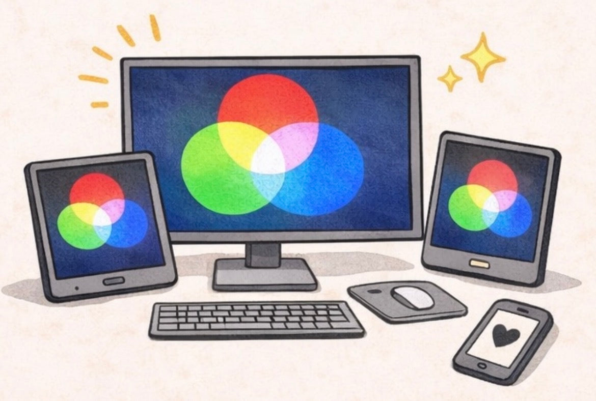 スマートフォンやパソコンの画面でRGBの光が色を表現するイメージ