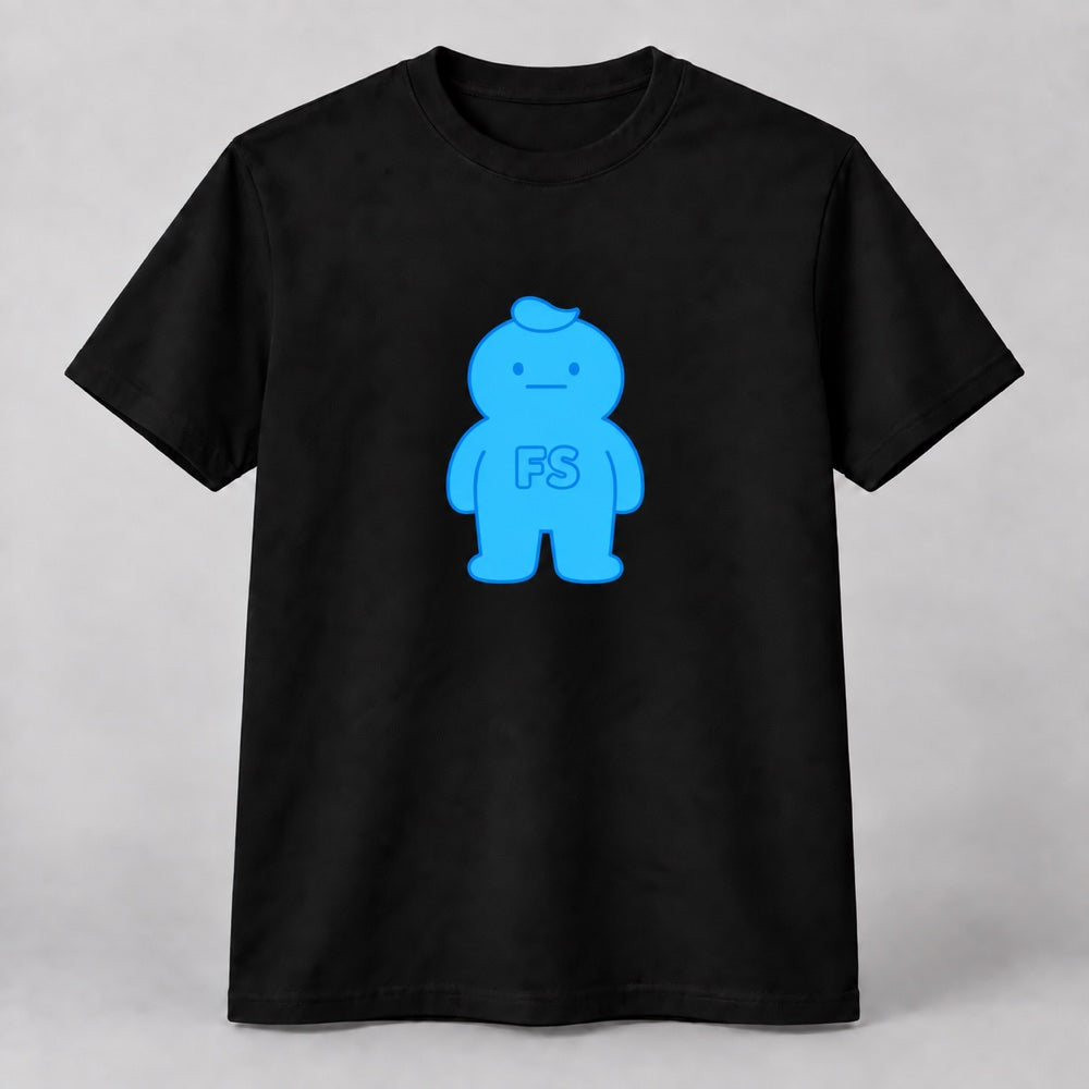 背景を透明にした青いFSキャラクターだけを、黒いTシャツにプリントした説明用イメージ