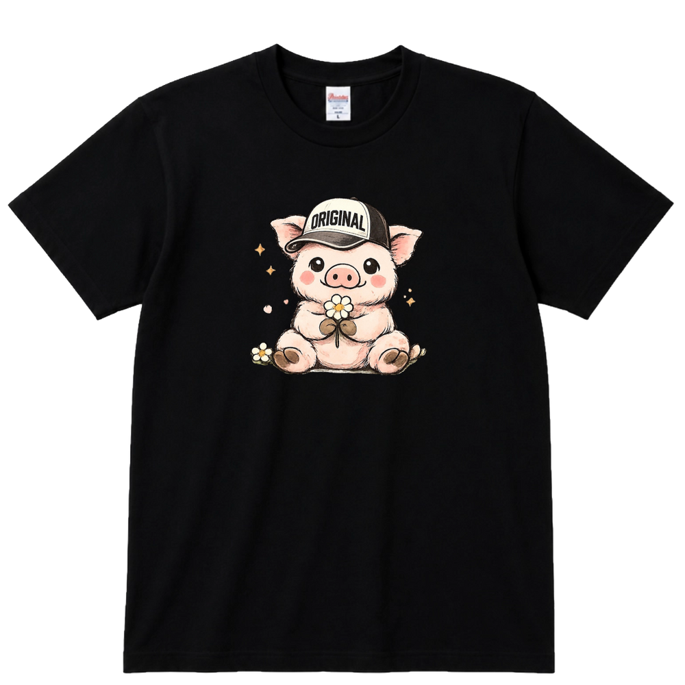 豚のキャラクターの形を活かした黒いTシャツ。周囲の背景を含まない入稿例
